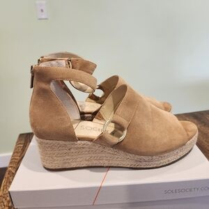 Sole Society Camel Tan Suede Espadrille Ankle Strap Wedge Sandal Sz 10